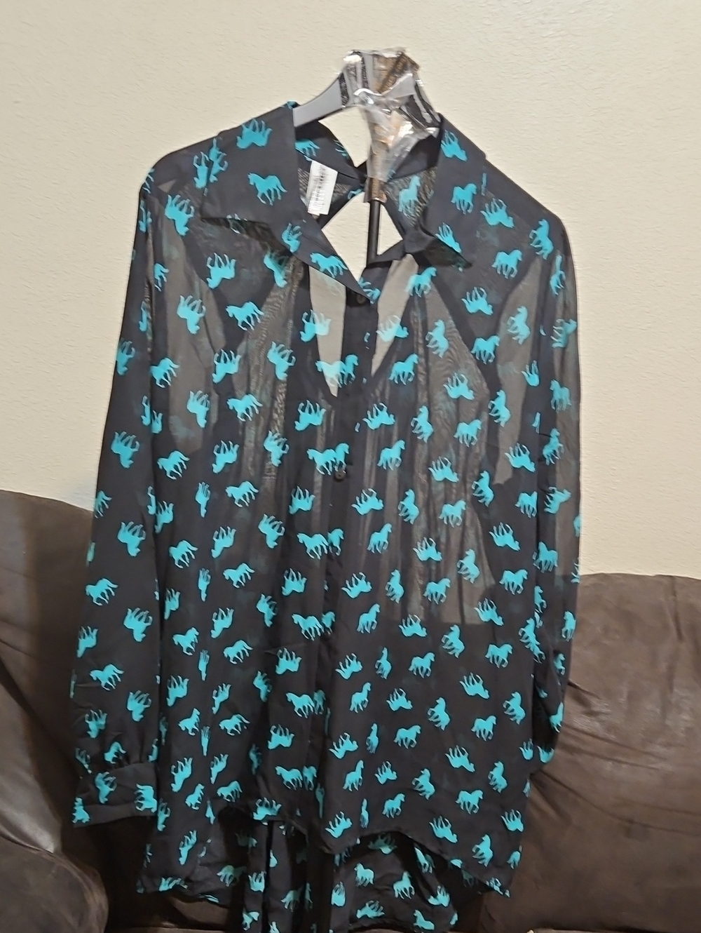Sheer Black Blouse with Teal Horse Print - Women's Button-Up